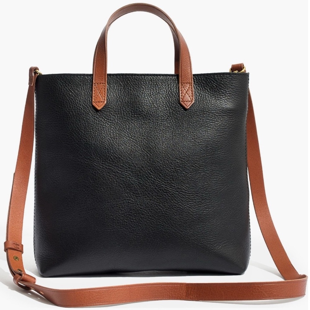 Madewell Transport Small Black Tote with Tan Handles